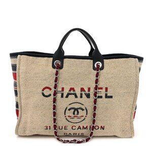 Chanel Striped Canvas Large Deauville Tote Tote Shopper Shoulder Bag Beige
